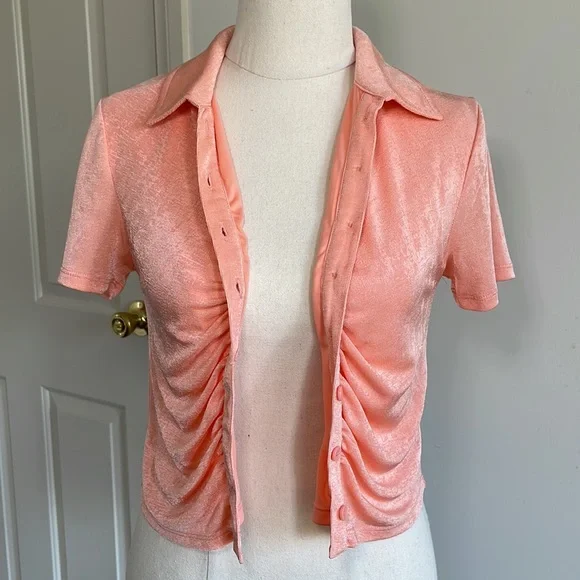SPORTSGIRL Sz S metallic peach cropped button up short sleeved top - Picture 8 of 12